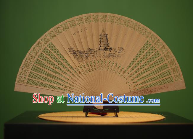 Traditional Chinese Crafts Sandalwood Folding Fan, China Handmade Carving Leifeng Pagoda Incienso Fans for Women