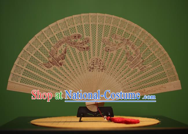 Traditional Chinese Crafts Sandalwood Folding Fan, China Handmade Carving Phoenix Peony Incienso Fans for Women