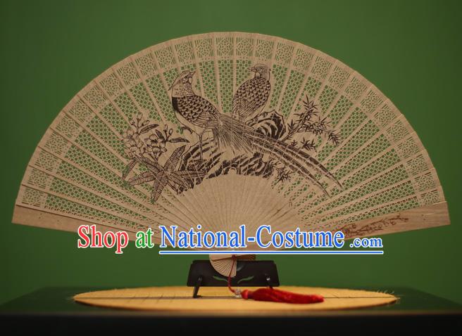 Traditional Chinese Crafts Sandalwood Folding Fan, China Handmade Carving Birds Incienso Fans for Women