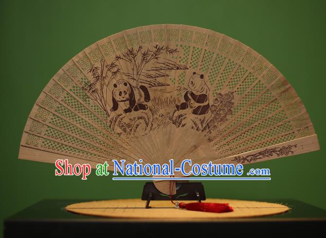 Traditional Chinese Crafts Sandalwood Folding Fan, China Handmade Carving Panda Incienso Fans for Women