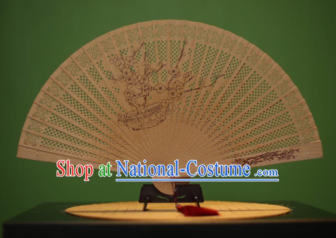 Traditional Chinese Crafts Sandalwood Folding Fan, China Handmade Carving Plum Blossom Incienso Fans for Women