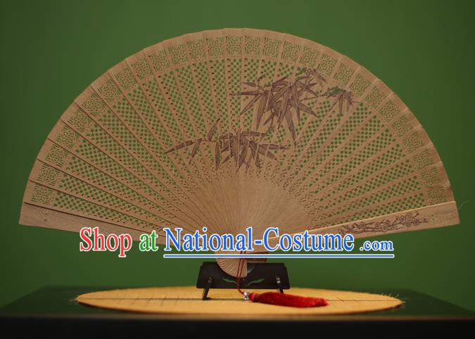 Traditional Chinese Crafts Sandalwood Folding Fan, China Handmade Carving Bamboo Leaf Incienso Fans for Women