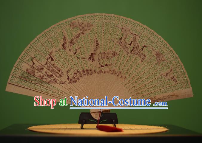 Traditional Chinese Crafts Sandalwood Folding Fan, China Handmade Carving Cranes Incienso Fans for Women