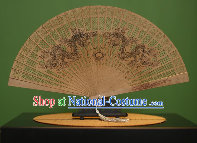 Traditional Chinese Crafts Sandalwood Folding Fan, China Handmade Carving Dragons Incienso Fans for Women