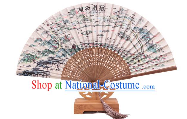 Traditional Chinese Crafts Printing West Lake Scenery Classical Folding Fan, China Handmade Silk Fans for Women