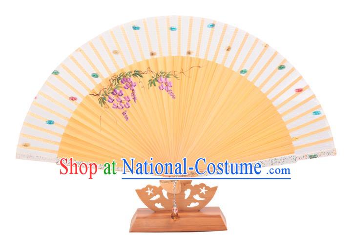 Traditional Chinese Crafts White Silk Folding Fan, China Handmade Printing Wisteria Bamboo Fans for Women