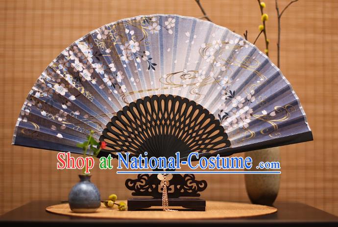 Traditional Chinese Crafts Printing Flowers Classical Folding Fan, China Handmade Navy Silk Fans for Women