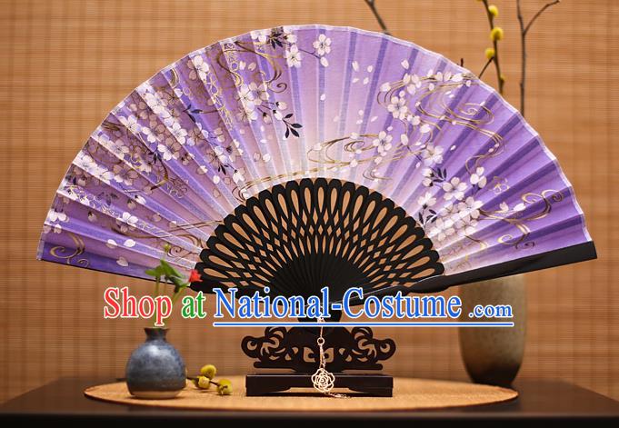 Traditional Chinese Crafts Printing Flowers Classical Folding Fan, China Handmade Purple Silk Fans for Women