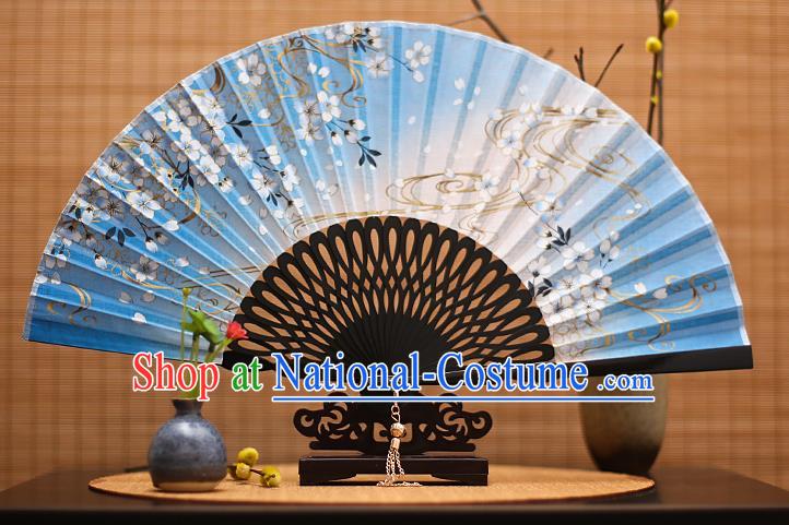 Traditional Chinese Crafts Printing Flowers Classical Folding Fan, China Handmade Blue Silk Fans for Women