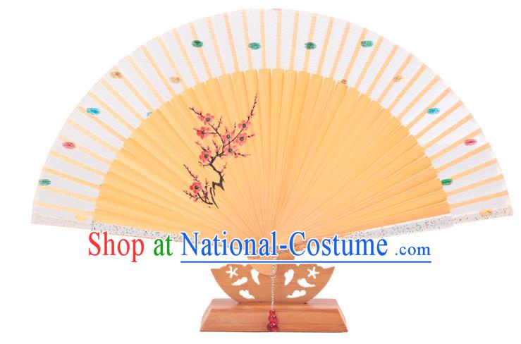 Traditional Chinese Crafts White Silk Folding Fan, China Handmade Printing Wintersweet Bamboo Bone Fans for Women