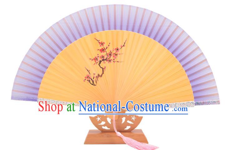 Traditional Chinese Crafts Purple Silk Folding Fan, China Handmade Printing Wintersweet Bamboo Bone Fans for Women