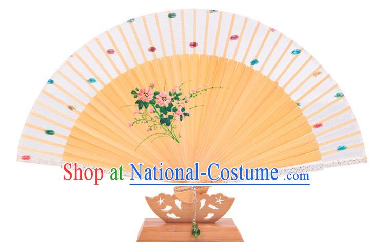 Traditional Chinese Crafts White Silk Folding Fan, China Handmade Printing Flowers Bamboo Bone Fans for Women