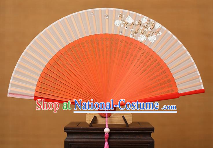 Traditional Chinese Crafts Printing Flowers Classical Folding Fan, China Handmade Red Bamboo Silk Fans for Women