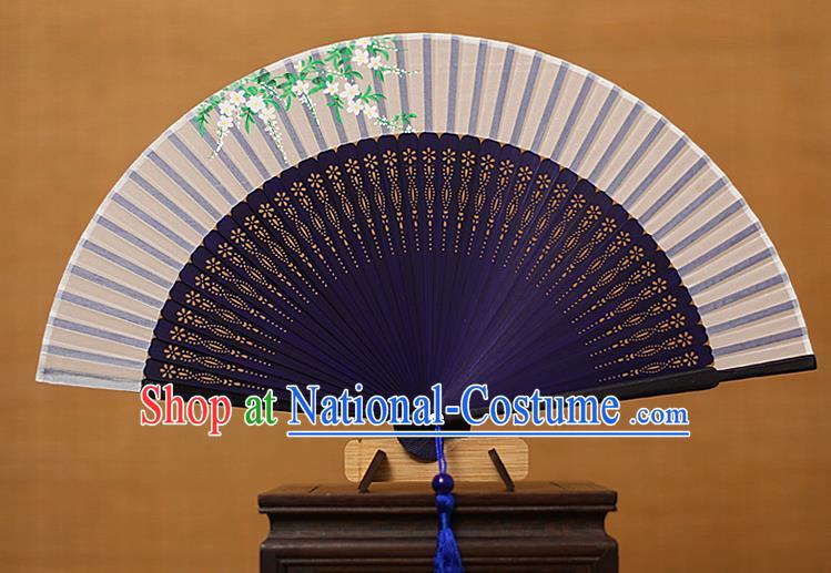 Traditional Chinese Crafts Printing Flowers Classical Folding Fan, China Handmade Navy Bamboo Silk Fans for Women