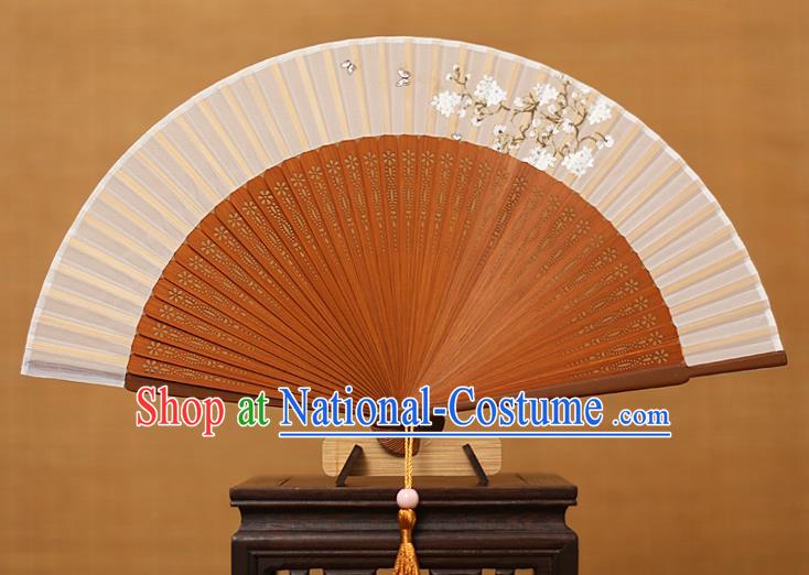 Traditional Chinese Crafts Printing Flowers Classical Folding Fan, China Handmade Brown Bamboo Silk Fans for Women