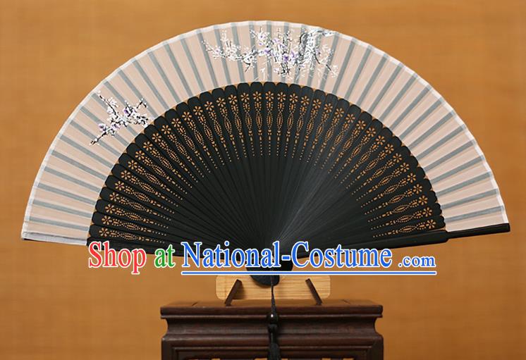 Traditional Chinese Crafts Printing Flowers Classical Folding Fan, China Handmade Black Bamboo Silk Fans for Women