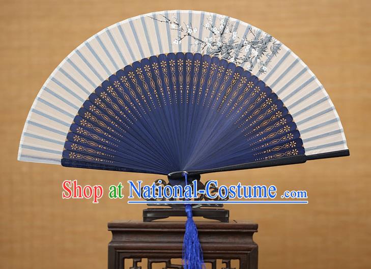 Traditional Chinese Crafts Printing Wintersweet Classical Folding Fan, China Handmade Blue Bamboo Silk Fans for Women