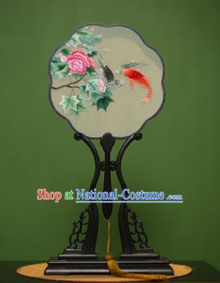 Traditional Chinese Crafts Suzhou Embroidery Palace Fan, China Princess Embroidered Peony Fish Silk Fans for Women