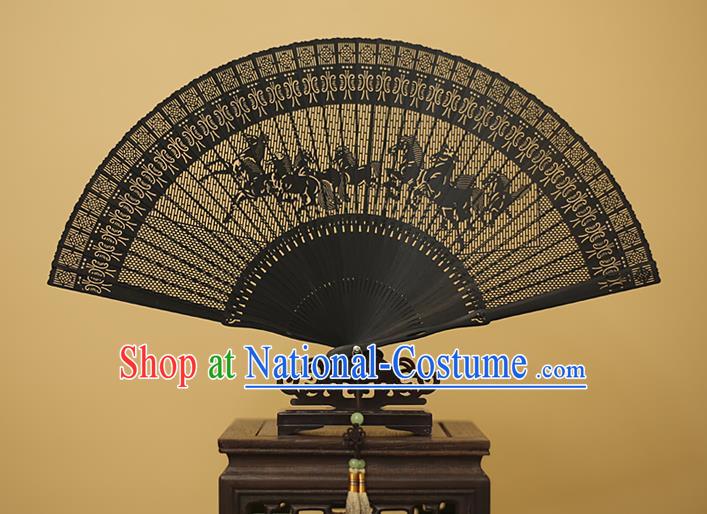 Traditional Chinese Crafts Hollow Out Horse Folding Fan, China Handmade Sandalwood Black Fans for Women