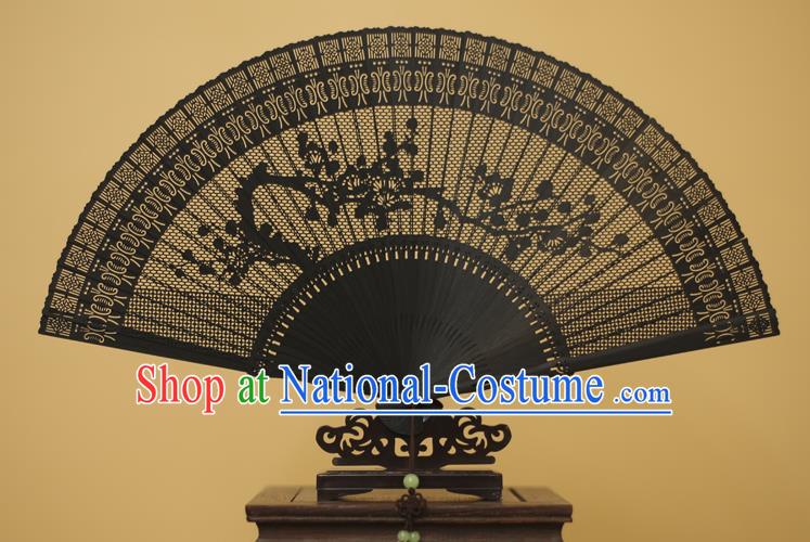 Traditional Chinese Crafts Hollow Out Plum Blossom Folding Fan, China Handmade Sandalwood Black Fans for Women