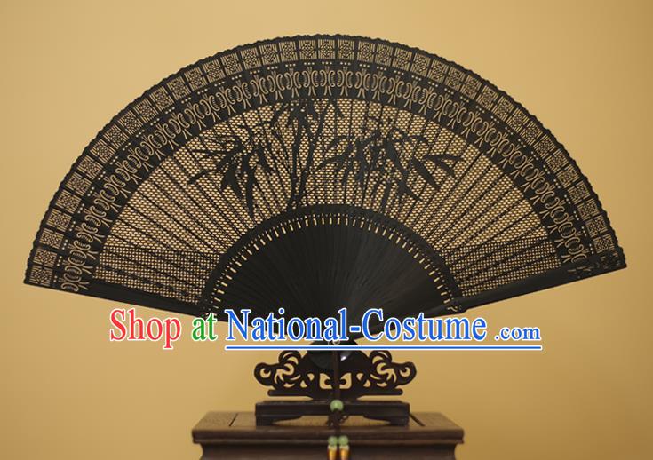 Traditional Chinese Crafts Hollow Out Bamboo Folding Fan, China Handmade Sandalwood Black Fans for Women