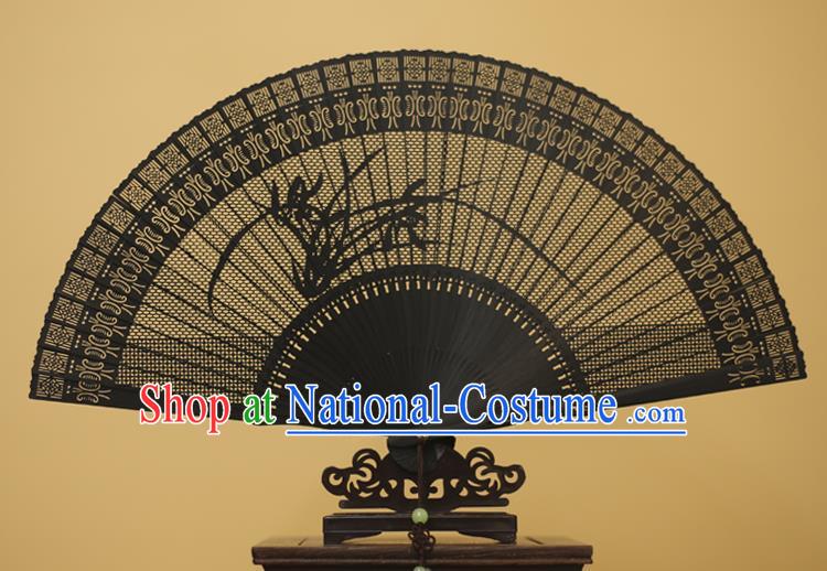 Traditional Chinese Crafts Hollow Out Orchid Folding Fan, China Handmade Sandalwood Black Fans for Women