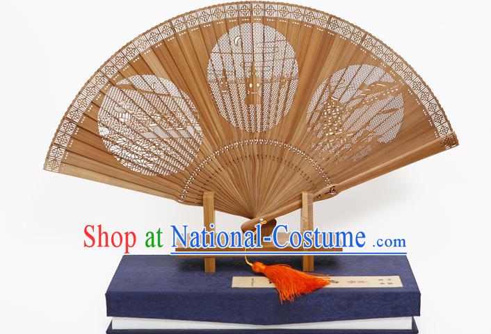 Traditional Chinese Crafts Hollow Out West Lake Folding Fan, China Handmade Sandalwood Fans for Women