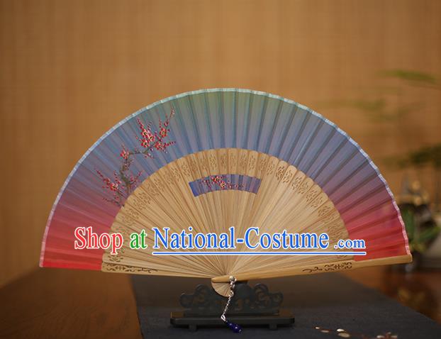 Traditional Chinese Crafts Printing Plum Blossom Folding Fan, China Handmade Classical Blue Silk Fans for Women