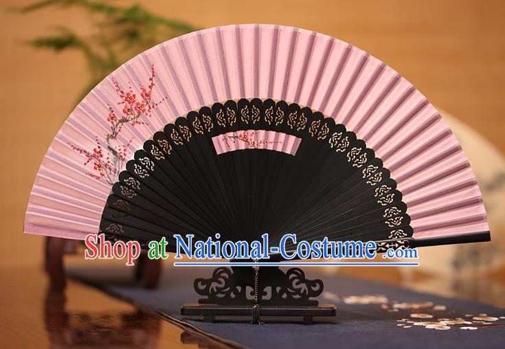 Traditional Chinese Crafts Printing Plum Blossom Folding Fan, China Handmade Classical Pink Silk Fans for Women