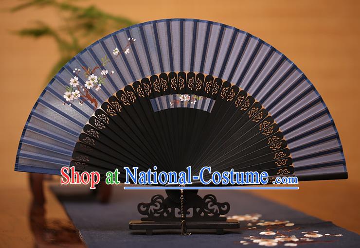 Traditional Chinese Crafts Printing Plum Blossom Folding Fan, China Handmade Classical Navy Silk Fans for Women