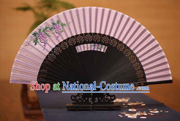 Traditional Chinese Crafts Printing Wisteria Folding Fan, China Handmade Classical Lilac Silk Fans for Women