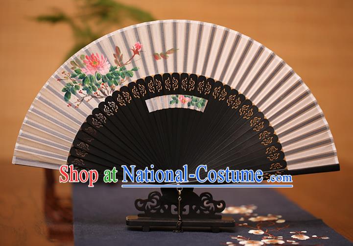 Traditional Chinese Crafts Printing Peony Folding Fan, China Handmade Classical Grey Silk Fans for Women