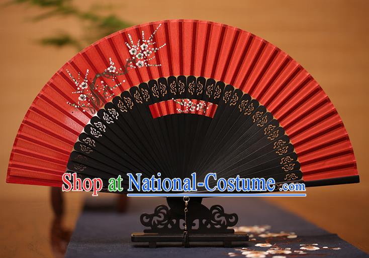 Traditional Chinese Crafts Printing Plum Blossom Folding Fan, China Handmade Classical Red Silk Fans for Women