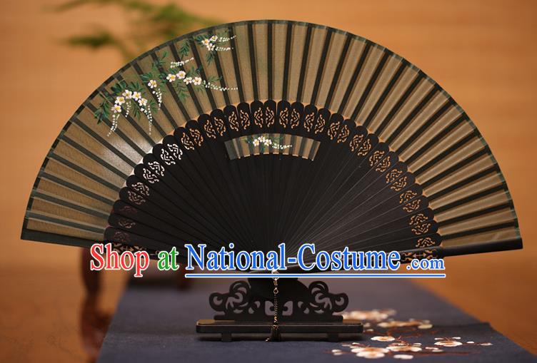 Traditional Chinese Crafts Printing Flowers Folding Fan, China Handmade Classical Black Silk Fans for Women