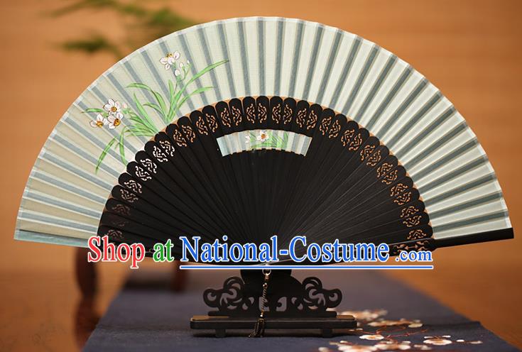 Traditional Chinese Crafts Printing Orchid Folding Fan, China Handmade Classical Green Silk Fans for Women