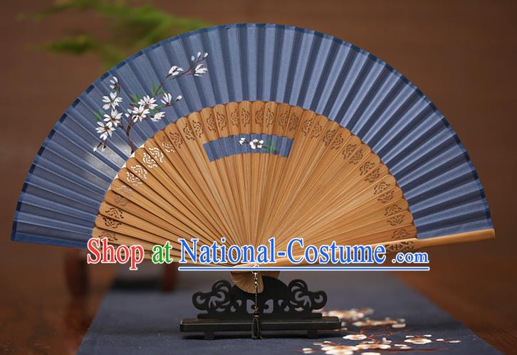 Traditional Chinese Crafts Printing Wintersweet Folding Fan, China Handmade Classical Blue Silk Fans for Women