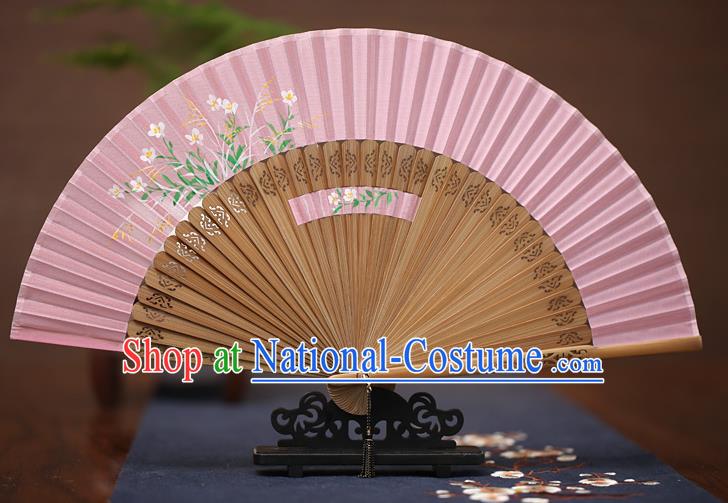 Traditional Chinese Crafts Printing Flowers Folding Fan, China Handmade Classical Pink Silk Fans for Women