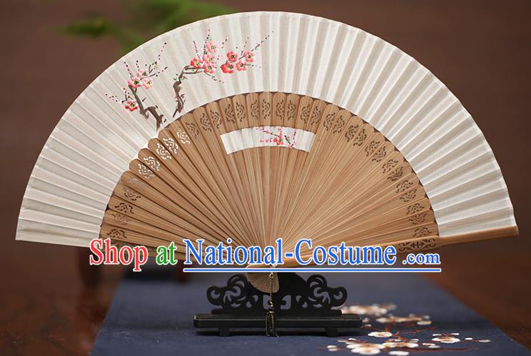 Traditional Chinese Crafts Printing Wintersweet Folding Fan, China Handmade Classical White Silk Fans for Women