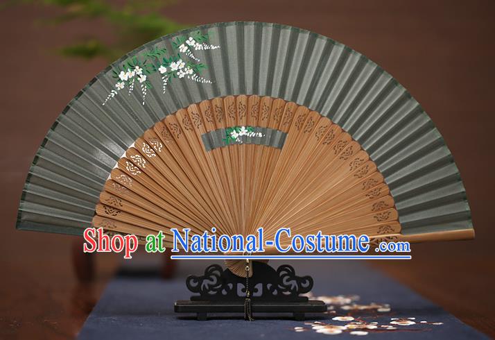 Traditional Chinese Crafts Printing Wisteria Folding Fan, China Handmade Classical Grey Silk Fans for Women