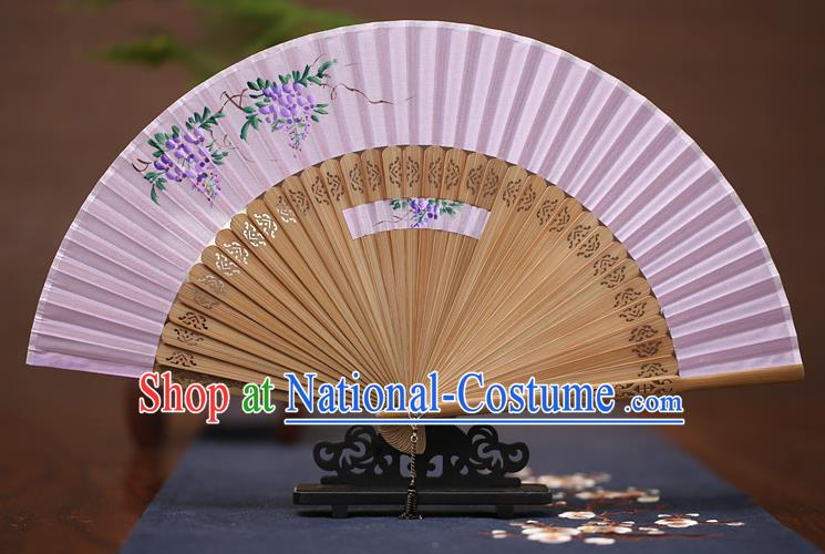 Traditional Chinese Crafts Printing Wisteria Folding Fan, China Handmade Classical Lilac Silk Fans for Women