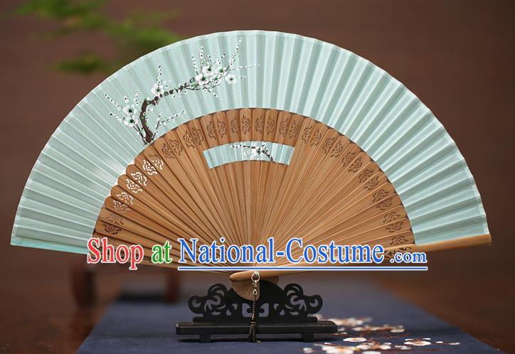 Traditional Chinese Crafts Printing Wintersweet Folding Fan, China Handmade Classical Green Silk Fans for Women