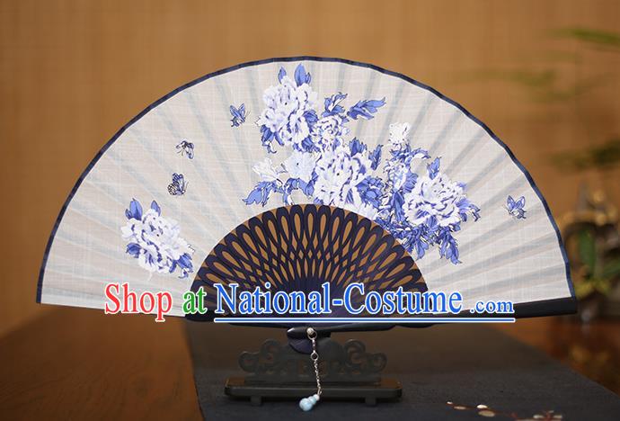 Traditional Chinese Crafts Printing Peony Folding Fan, China Handmade Classical White Fans for Women