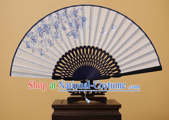 Traditional Chinese Crafts Printing Wisteria Folding Fan, China Handmade Classical White Fans for Women