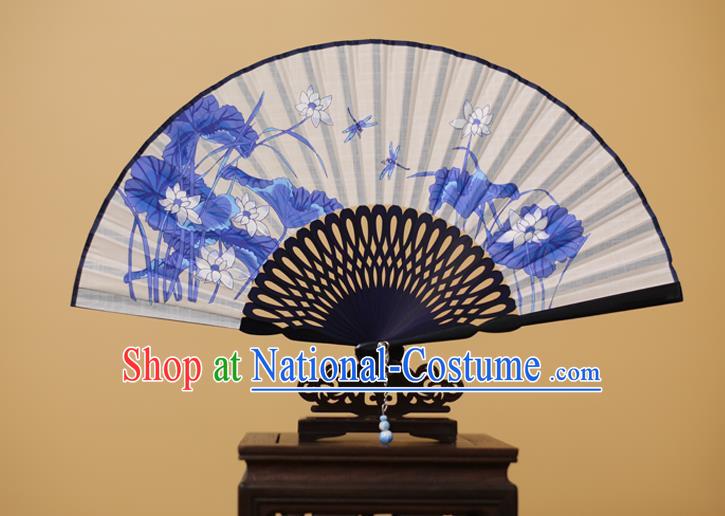 Traditional Chinese Crafts Printing Lotus Folding Fan, China Handmade Classical White Fans for Women