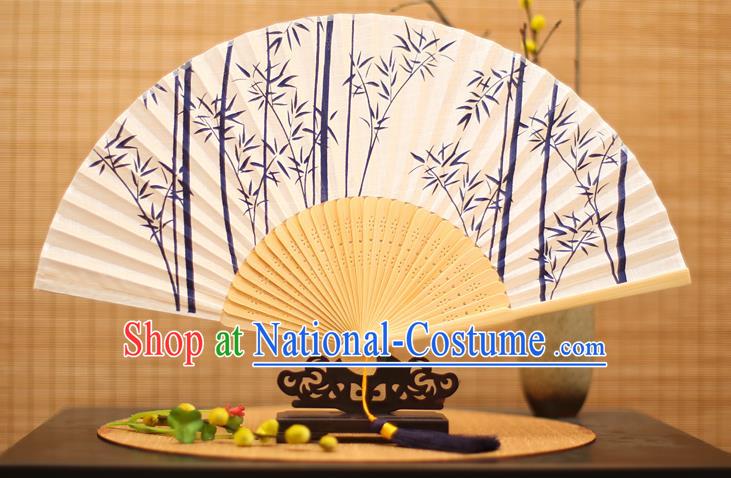 Traditional Chinese Crafts Printing Blue Bamboo Folding Fan, China Handmade Classical Fans for Women