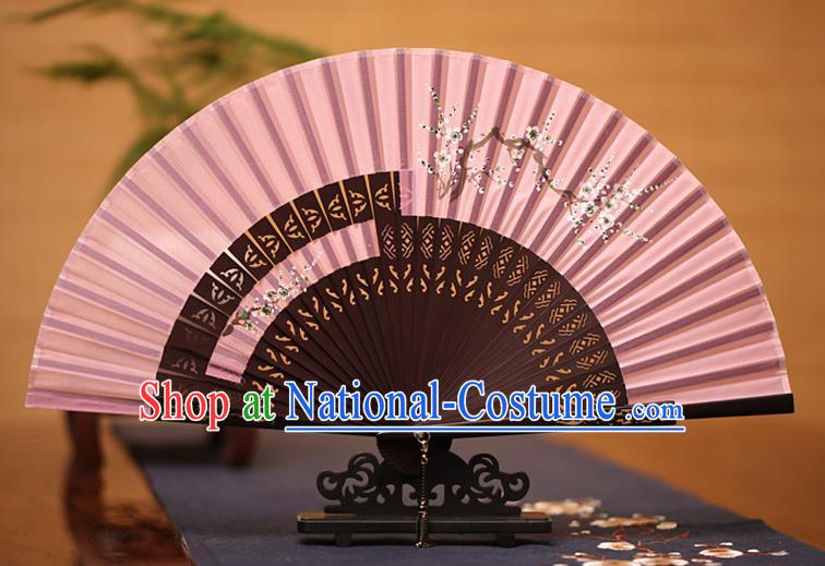 Traditional Chinese Crafts Printing Wintersweet Folding Fan, China Handmade Classical Pink Silk Fans for Women