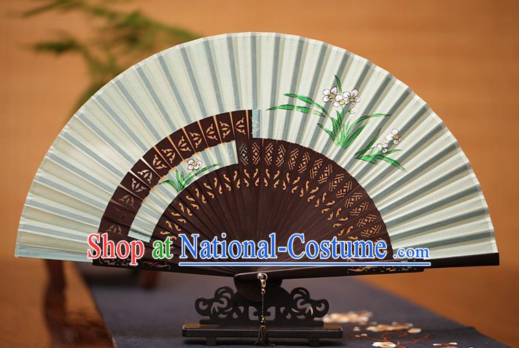 Traditional Chinese Crafts Printing Orchid Folding Fan, China Handmade Classical Green Silk Fans for Women