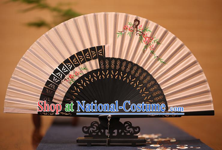 Traditional Chinese Crafts Printing Peach Blossom Folding Fan, China Handmade Classical Pink Silk Fans for Women