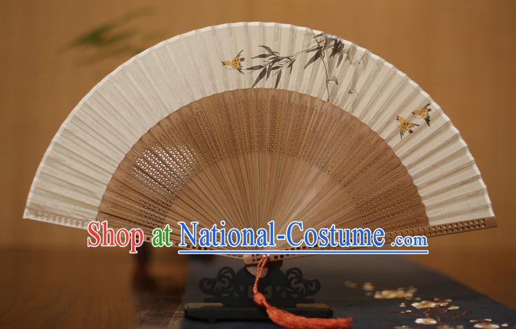 Traditional Chinese Crafts Printing Bamboo Leaf Folding Fan, China Handmade Classical Silk Pierced Fans for Women