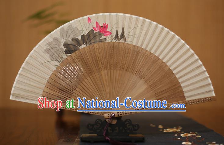 Traditional Chinese Crafts Printing Lotus Folding Fan, China Handmade Classical Silk Pierced Fans for Women